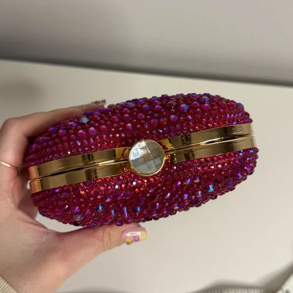 Ramla Amour Raspberry Pink Rhinestone Heart Clutch Evening Bag  $189 New - Picture 6 of 9